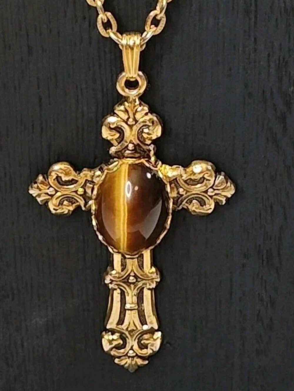 Vtg Religious Ornate Cross Pendant Necklace Tiger Eye Cabochon Gold Plated 24"
